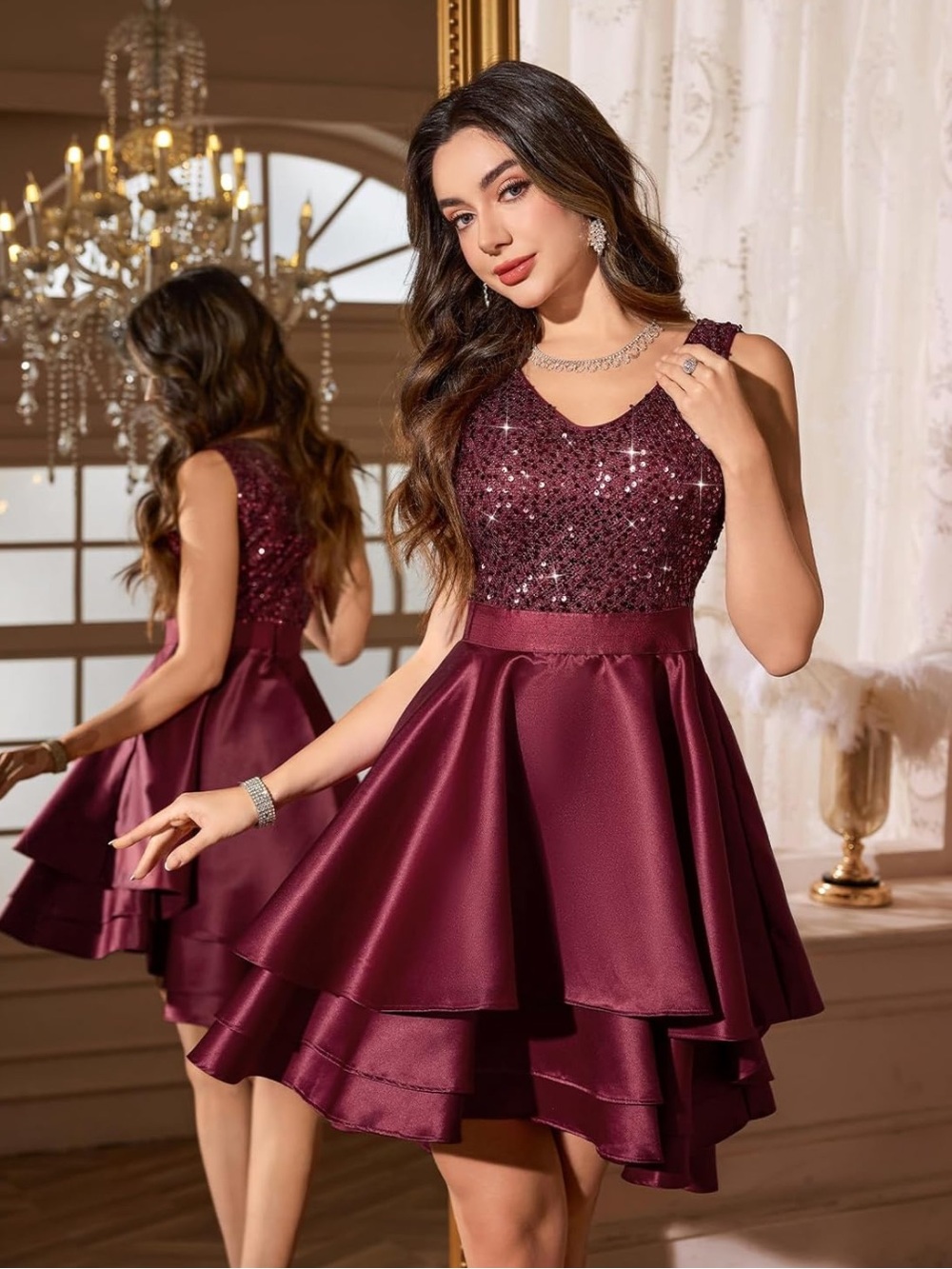 Sleeveless Sequin Bodice High-Low Burgundy Party Dress